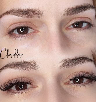 Extensiones de pestañas efecto volumen ruso 5-6D antes y después_